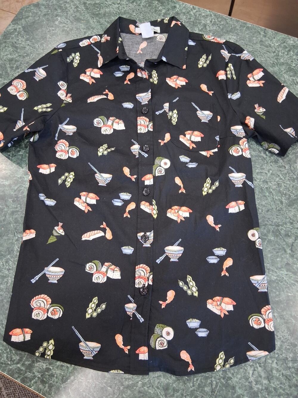 Eva Rose Ramen Sushi Short Sleeve Button Down Shirt Novelty Food Quirky Sz S Pho